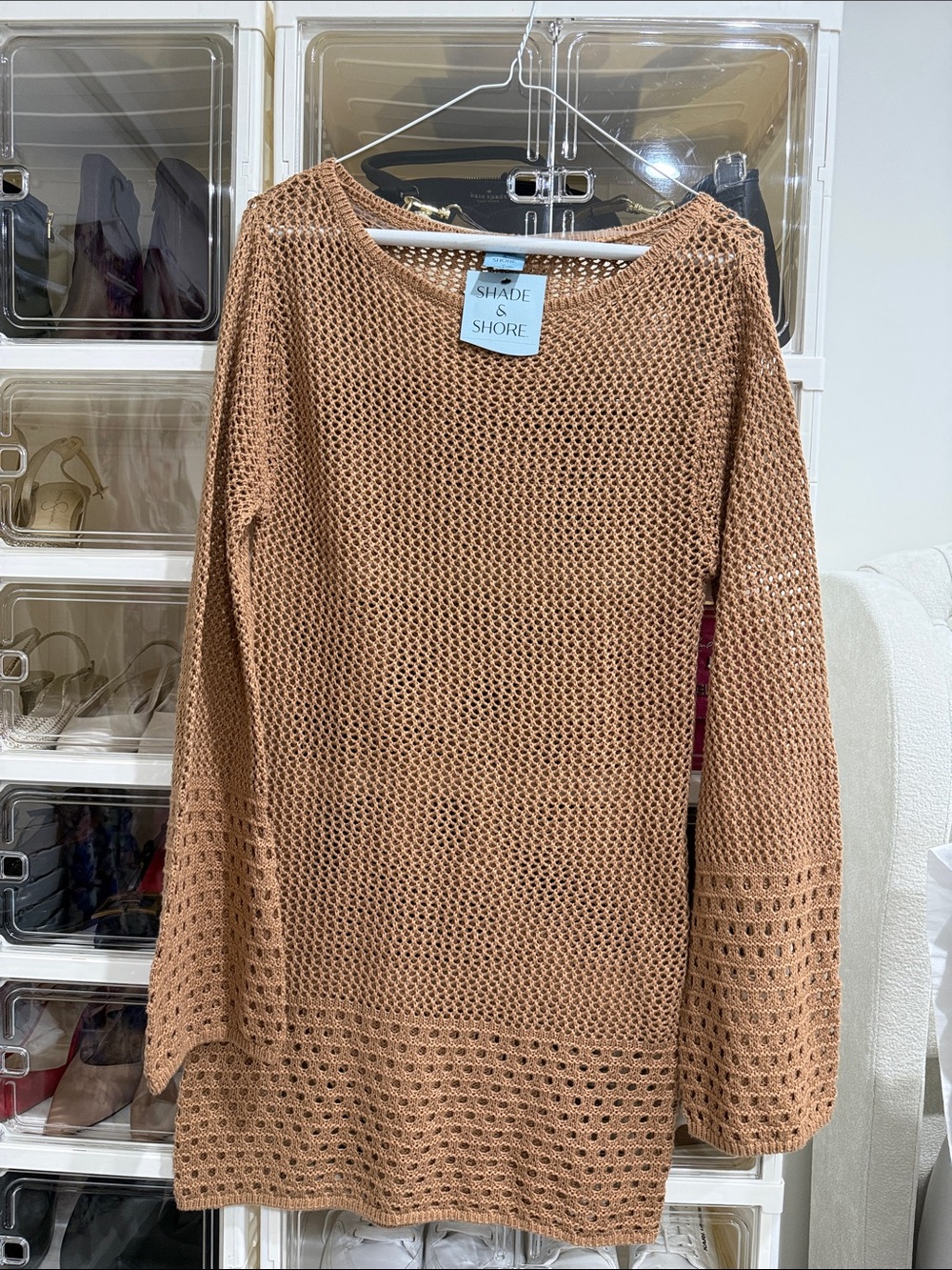 Shade & Shore Women's Tan Open-Weave Scoop Neck Swim Cover-Up